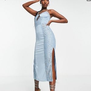 NWT! NAANAA satin midi dress lace insert blue 8 bodycon wedding holiday dance